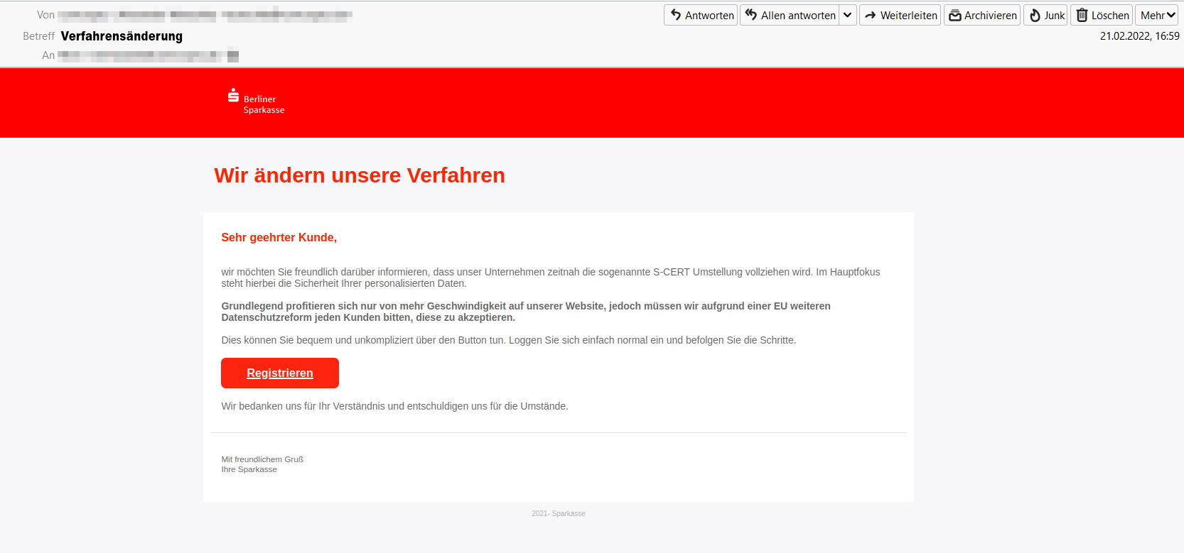 Phishing-E-Mail unter dem Alias der Berliner Sparkasse